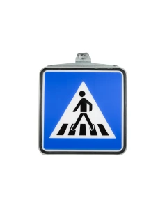 Innenbeleuchtetes LED-FGU-Verkehrszeichen mit Fußgängerüberweg-Symbol in Vorderansicht.