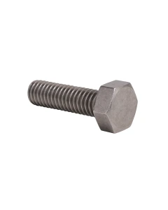 Aufnahme einer metallischen Sechskantschraube ohne Schlitz, in schräger Seitenansicht auf weißem Hintergrund. Die Schraube zeigt ein präzises Gewinde und einen sauber ausgeformten sechskantigen Schraubenkopf